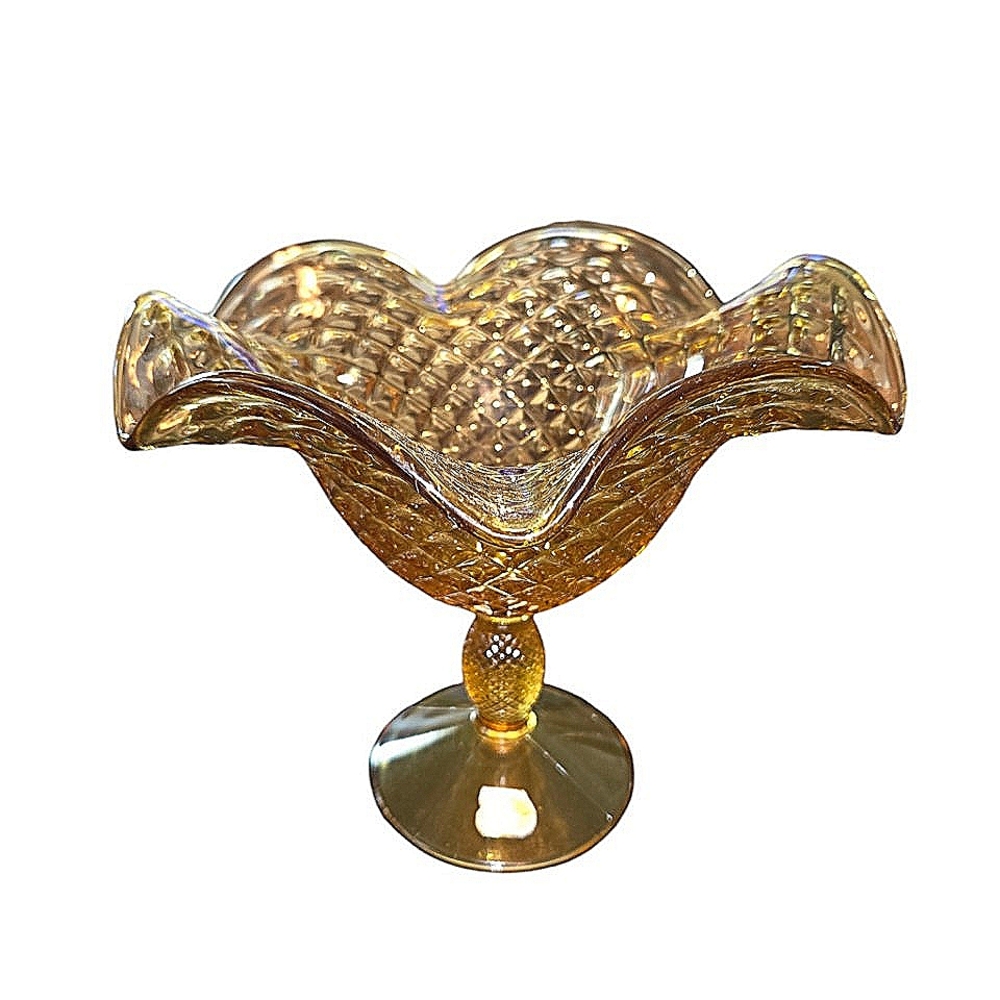 Vintage Viking Amber Diamond Point Ruffle Edge Compote Candy Dish 8.25"X8.25"X7"